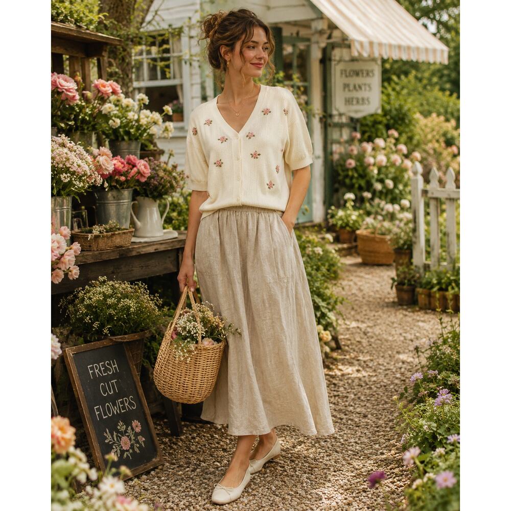 Yarnworks Y2K Cottagecore Women’s 1X Floral Embroidered Cardigan Sweater Cream